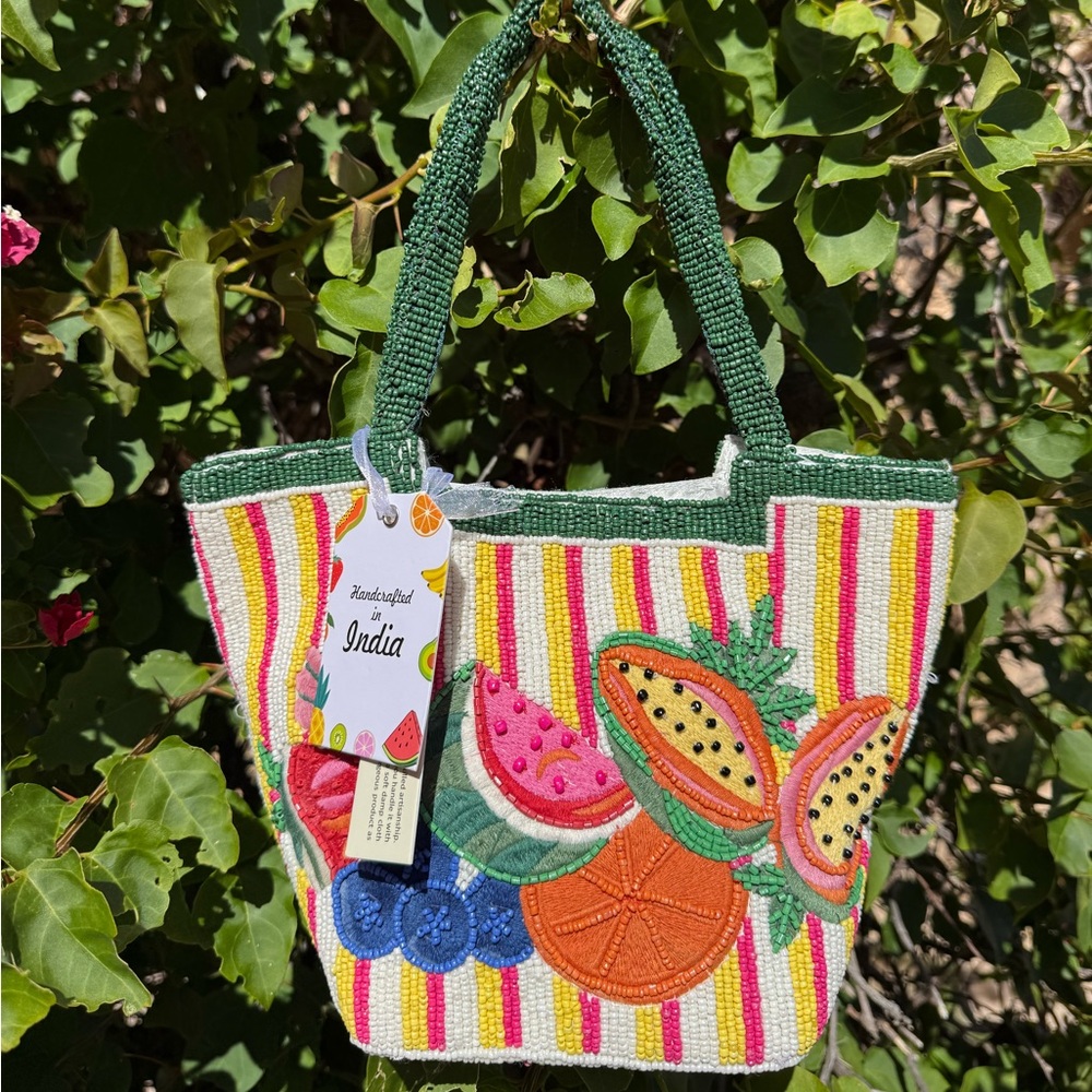 NWT Made in India Tropical Fruit Striped Top Handle Bucket Beaded Bag Summer